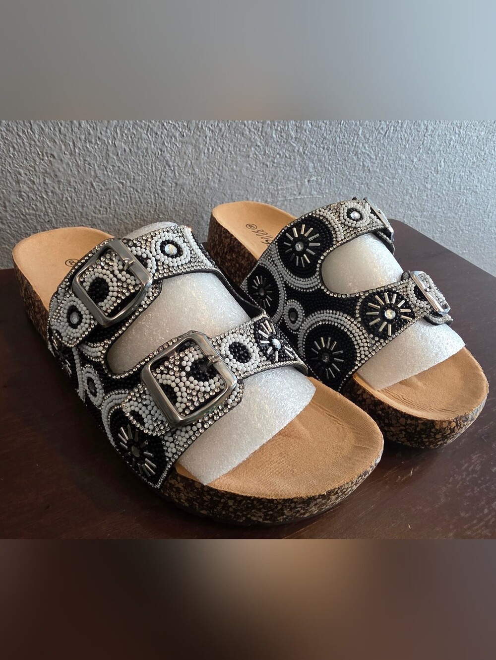 Rouge Helium Black & White Beaded Cork-Wedge Slide Mules Sz8